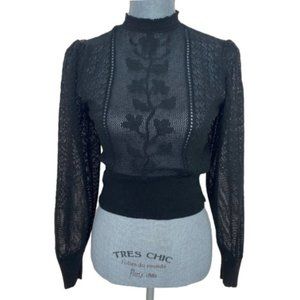 Zara Women Pointelle Knit Blouse Sheer Lace Stand Up Collar Pullover Black Small